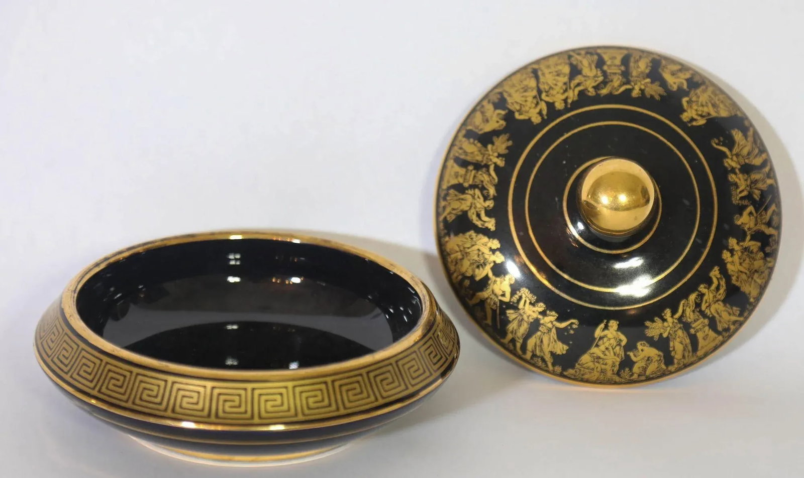 Black With 24k Gold Porcelain Jar With Lid Made in Greece by Spyropoulos 1960s - 7