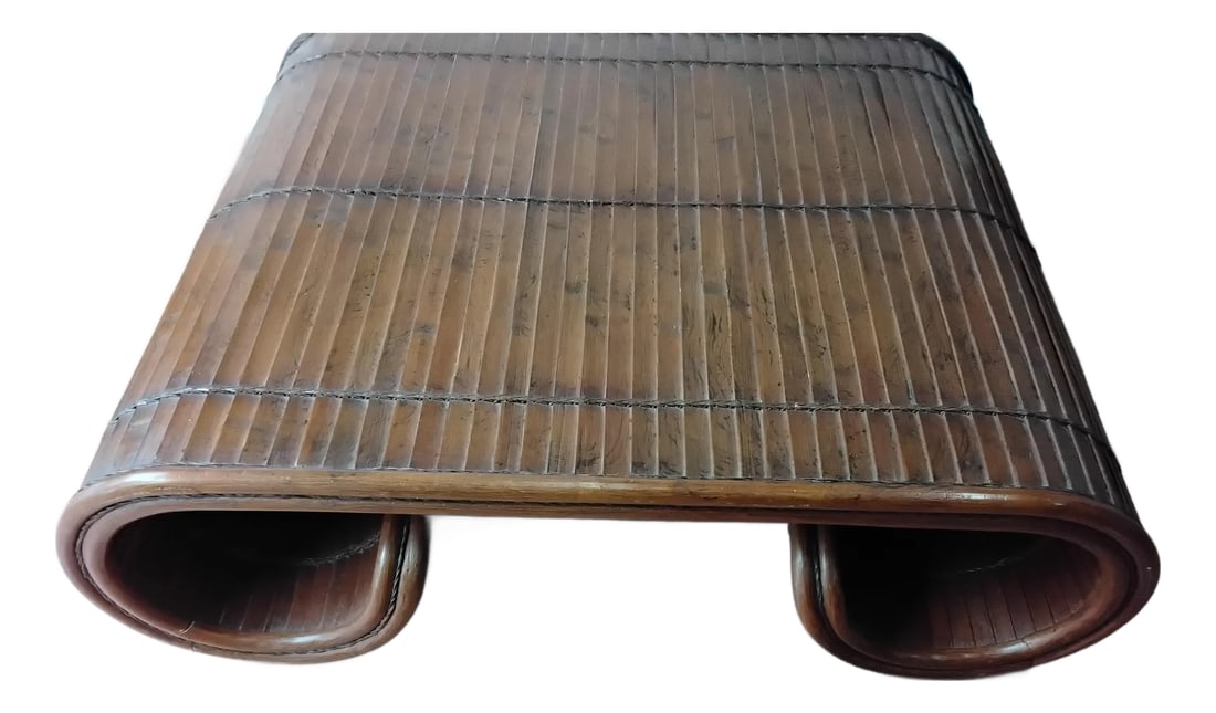1980s Tropical Mid-Century Modern Scroll Coffee Table: This has to be the coolest coffee table for a lake or beach house. Or maybe a cabin in Maine. The wooden slates, tied with bamboo are stunning.. You don't see many scrolled coffee tables that are