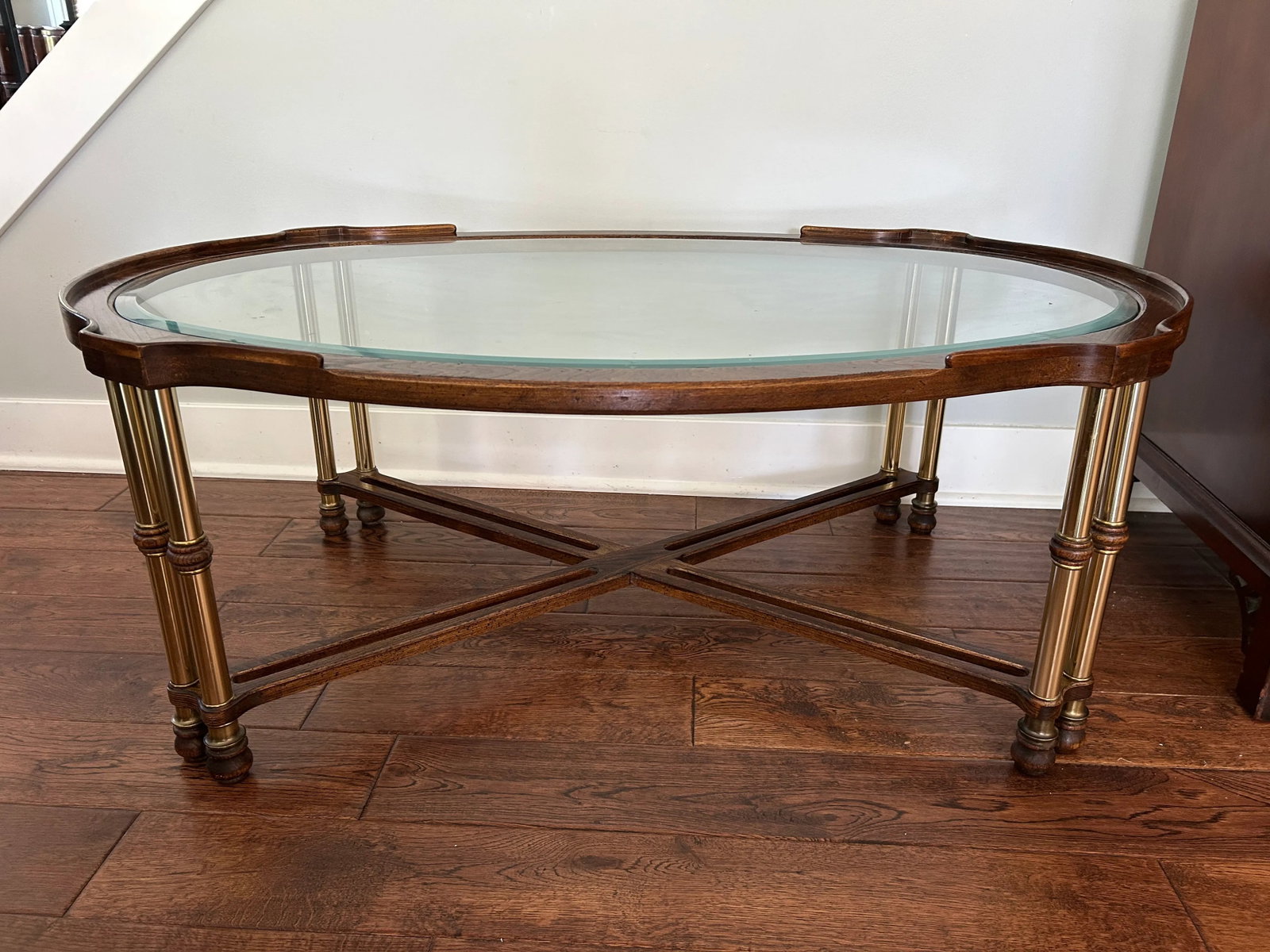 Vintage Faux Bamboo Style Burl Wood, Brass & Glass Coffee Table - 3