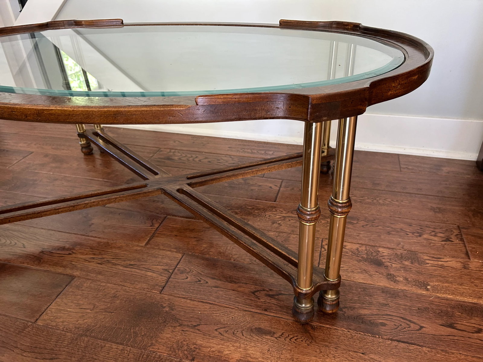Vintage Faux Bamboo Style Burl Wood, Brass & Glass Coffee Table - 4