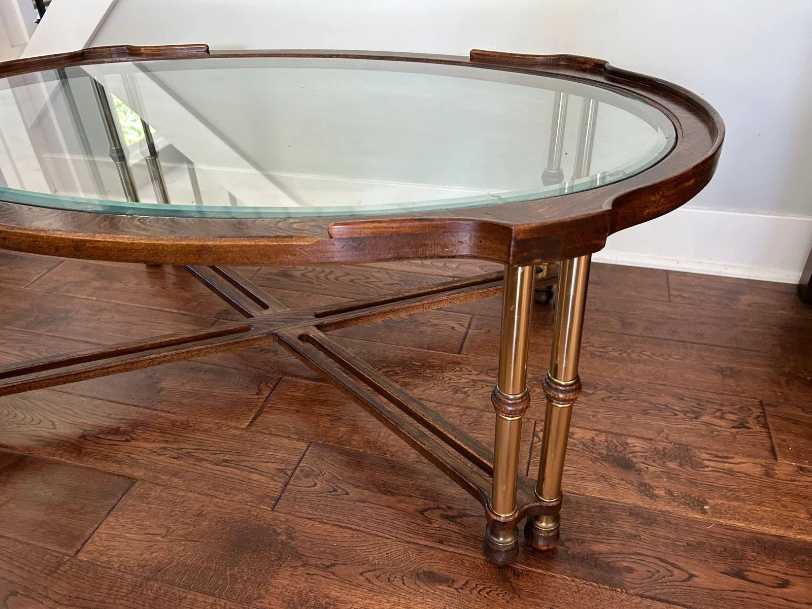 Vintage Faux Bamboo Style Burl Wood, Brass & Glass Coffee Table - 5