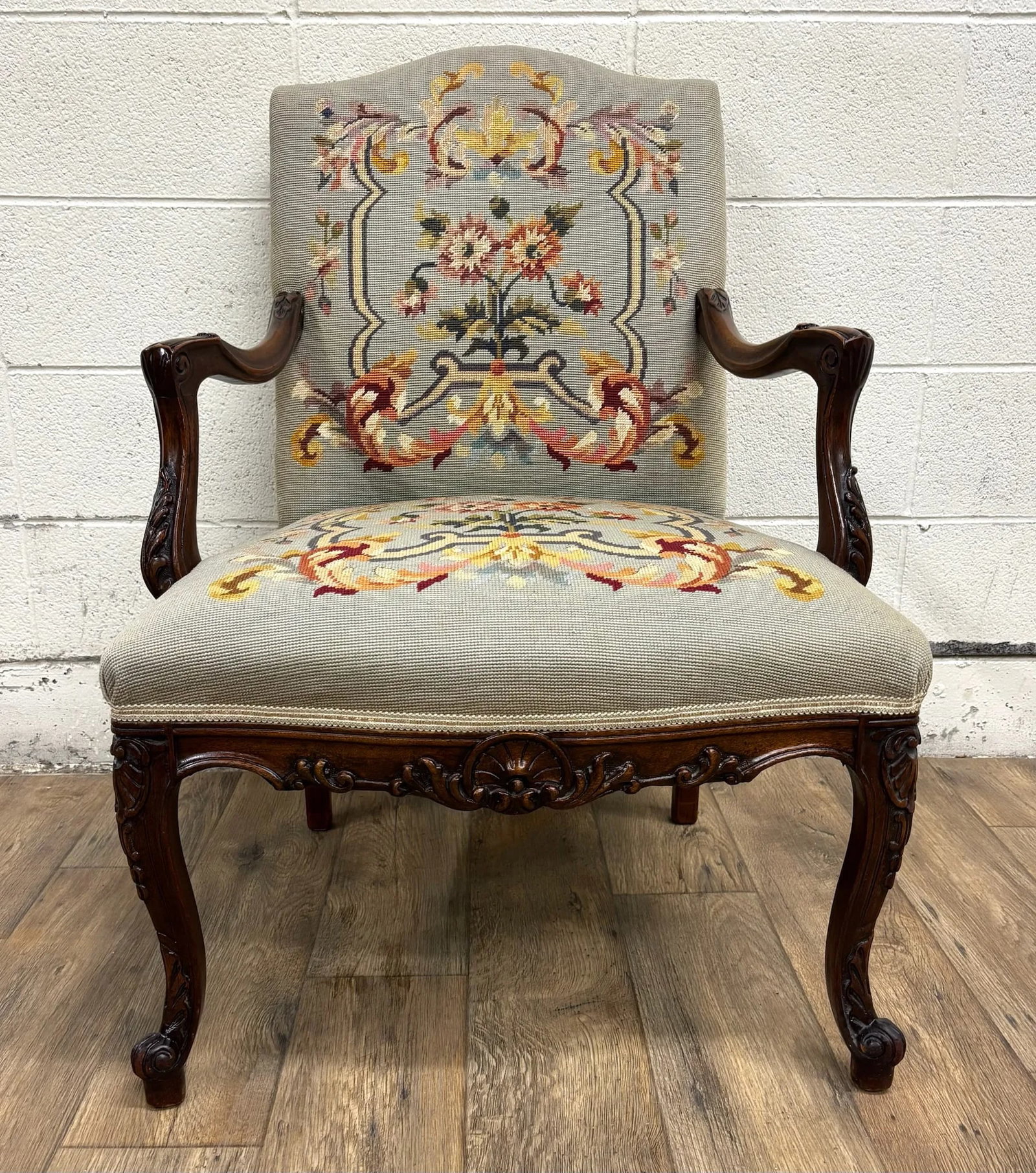 Vintage French Louis XV Style Needlepoint Upholstered and Floral Carved Armchair - 2