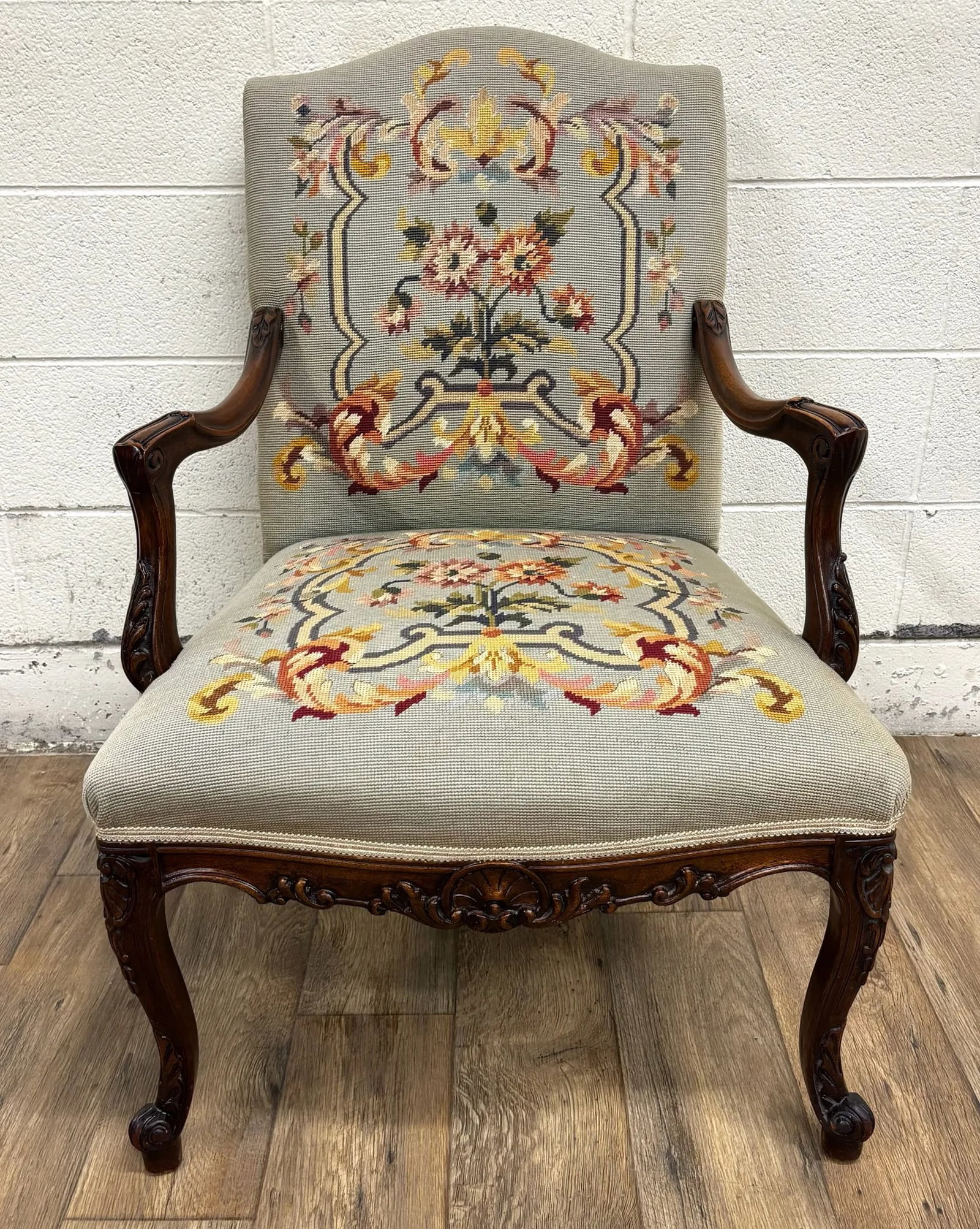 Vintage French Louis XV Style Needlepoint Upholstered and Floral Carved Armchair - 3