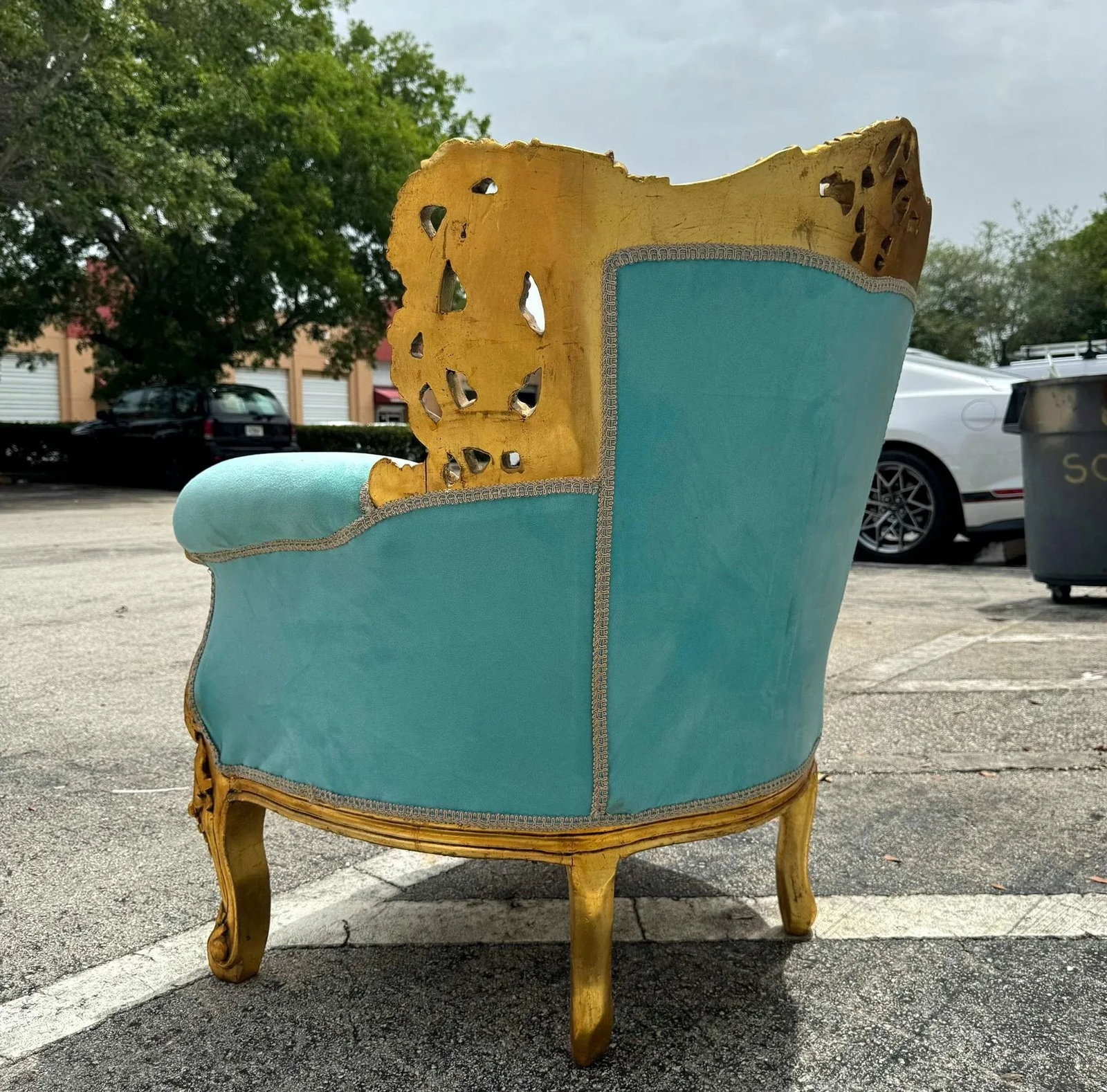 Rococo Style Velvet Chair With Gold Leaf Frame Details - 4