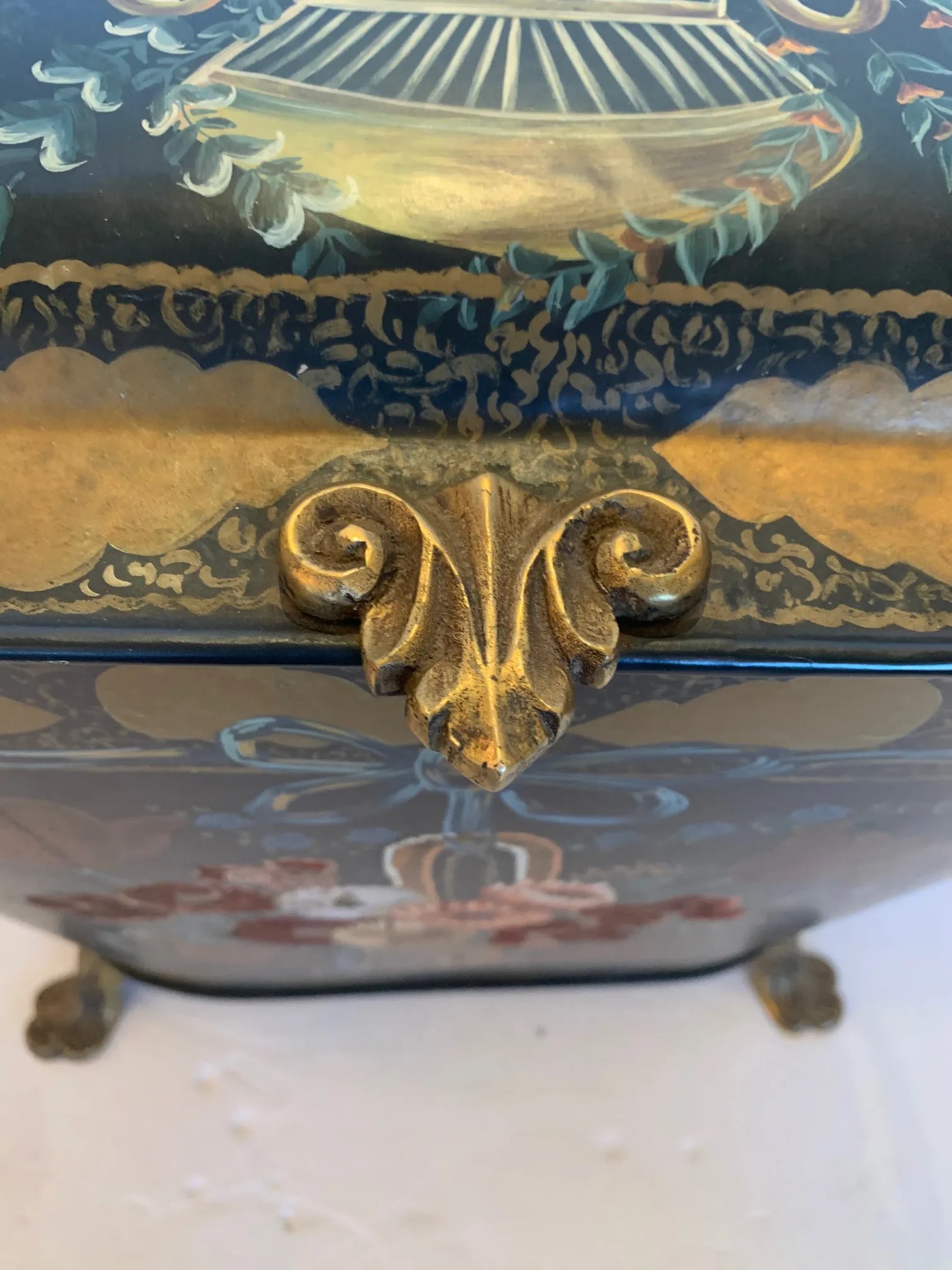 Antique French Tole and Brass Hand Painted Coal Scuttle - 2