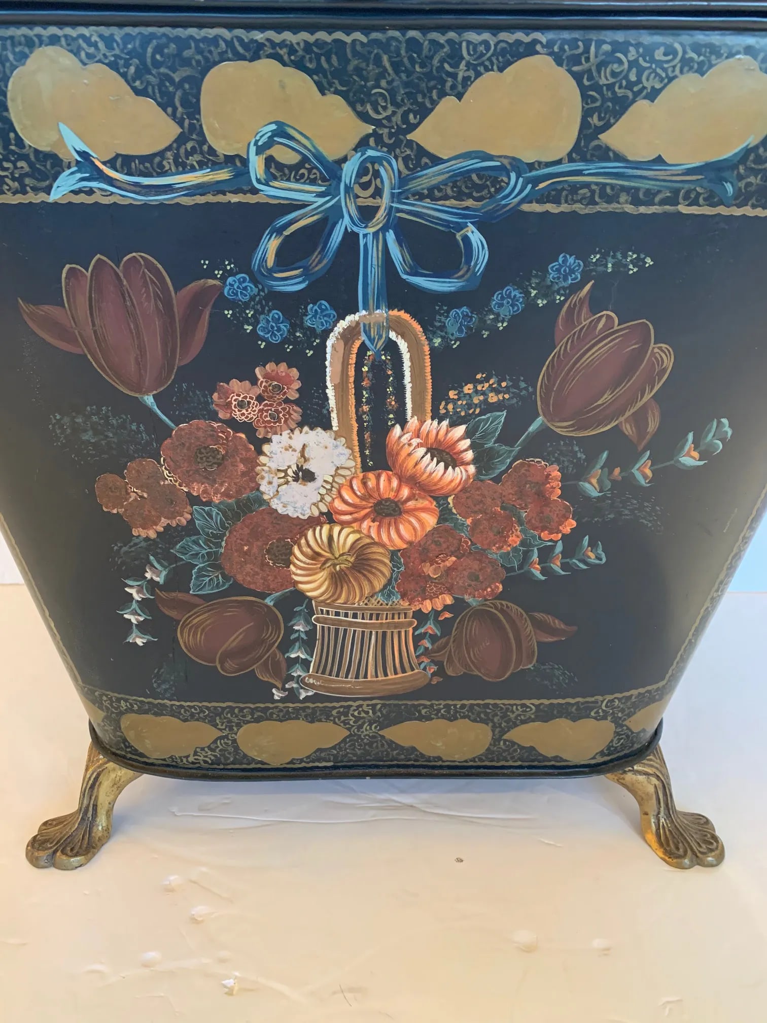 Antique French Tole and Brass Hand Painted Coal Scuttle - 3