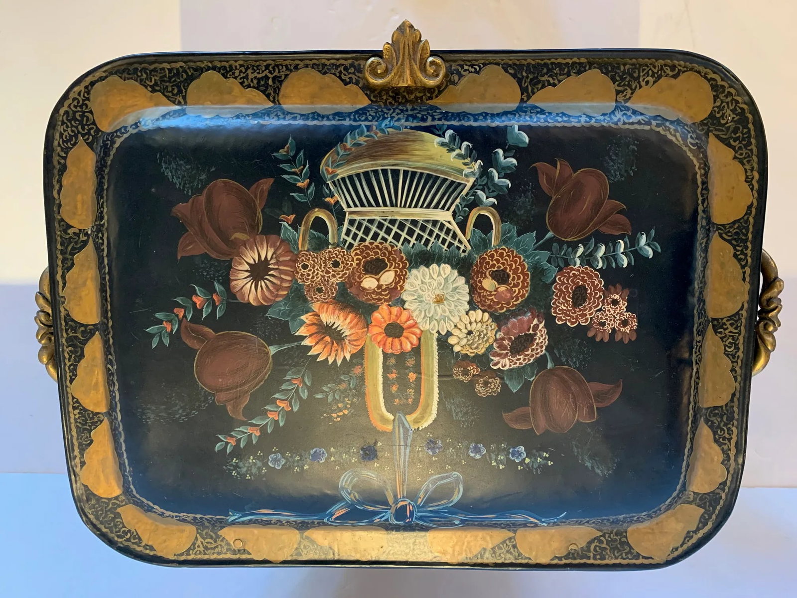 Antique French Tole and Brass Hand Painted Coal Scuttle - 6