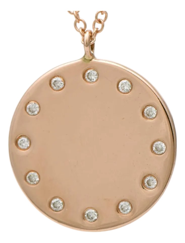 14KR Diamond(0.12) Accent Circle Disk Necklace: A ring of diamonds shimmers on this clean rose gold disk that embraces simplicity, peace and minimalism. When you wear this necklace, every minute becomes zen. Length: 18 Inches Weight: 3.3 Total Gram