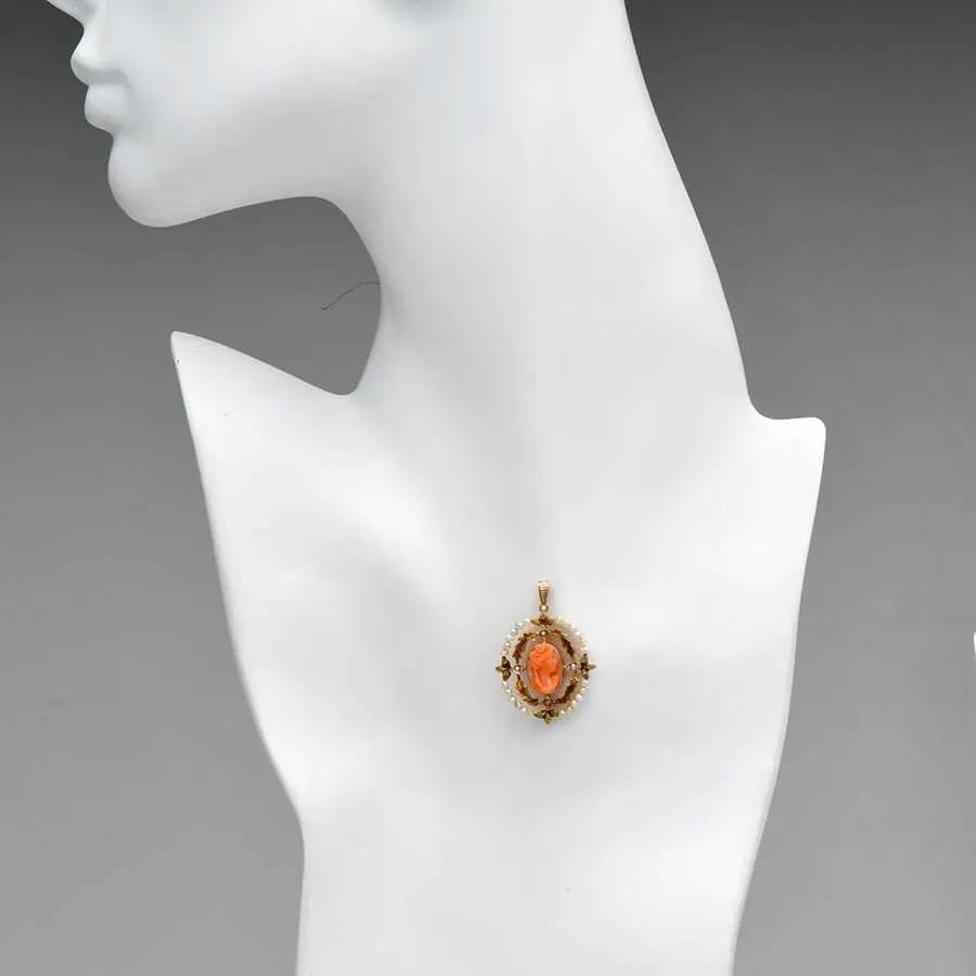 10KY Victorian Carved Cameo & Seed Pearl Pendant - 3