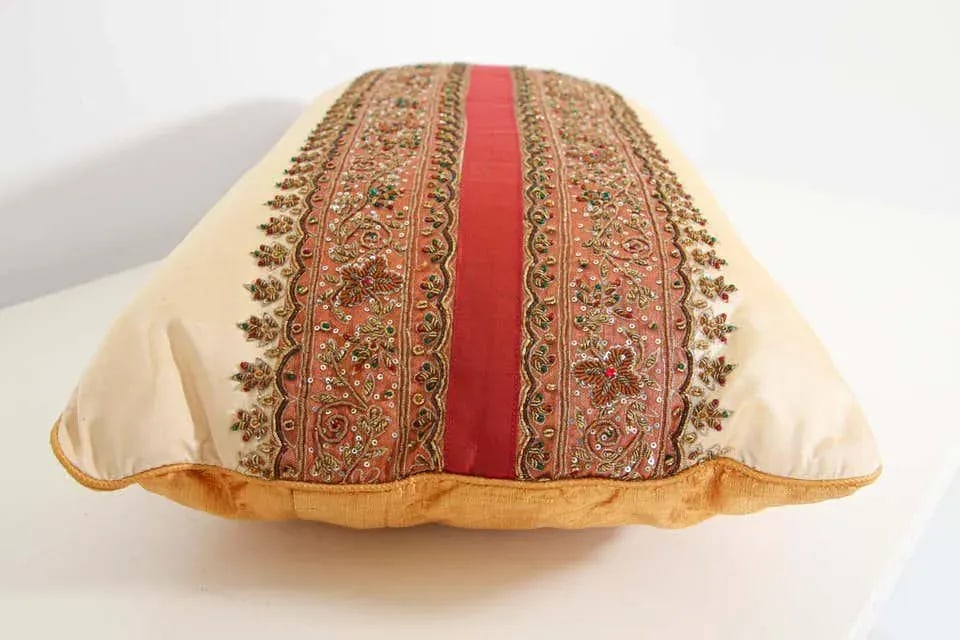 Silk Lumbar Pillow Embellished with Beads, India - 2