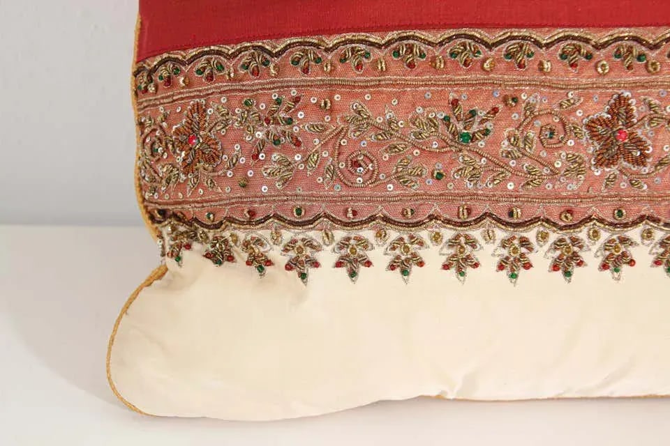 Silk Lumbar Pillow Embellished with Beads, India - 5