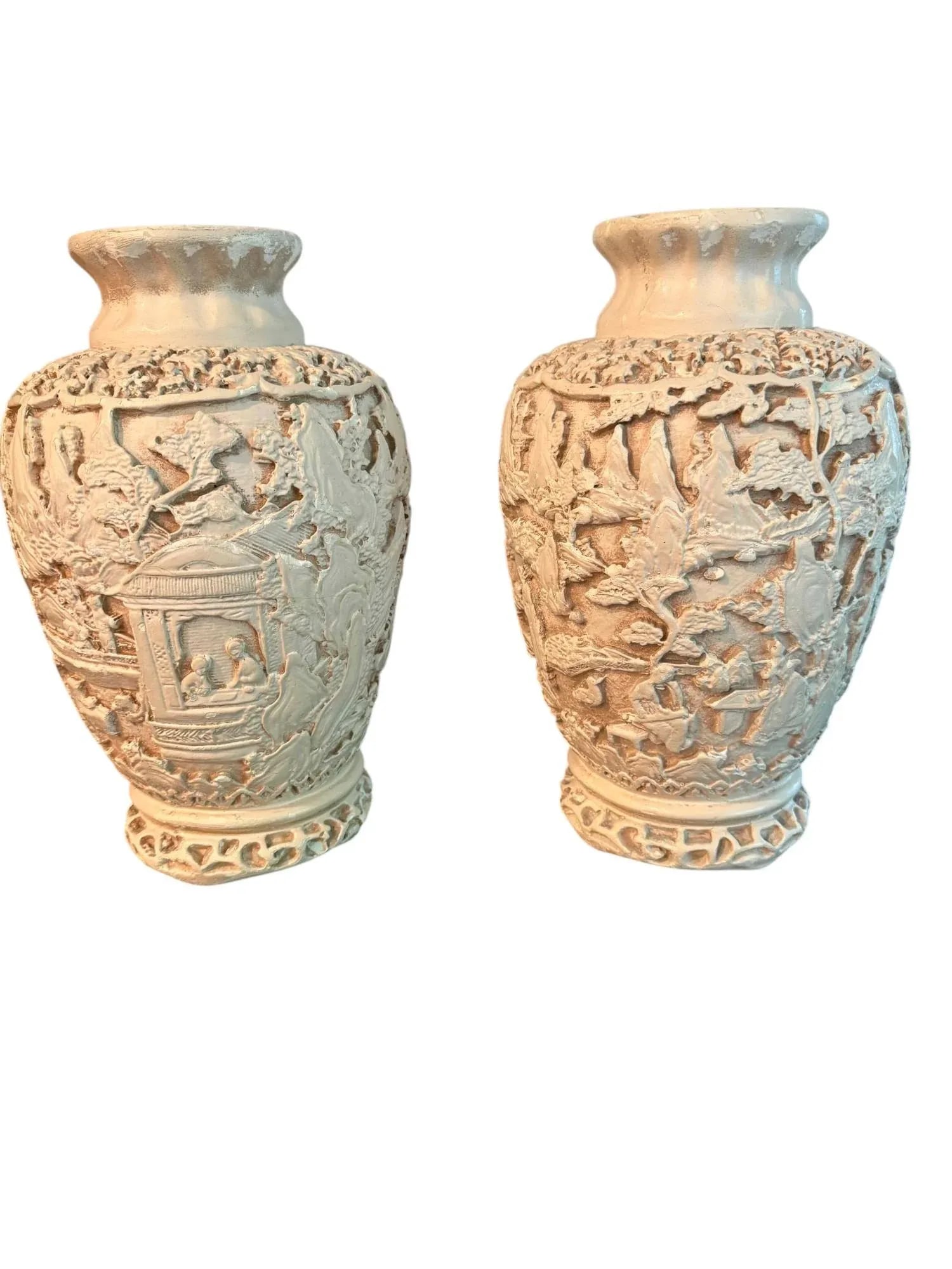 20th Century Asian Pottery Village Scene Carved Raised Relief Vases - A Pair - 2