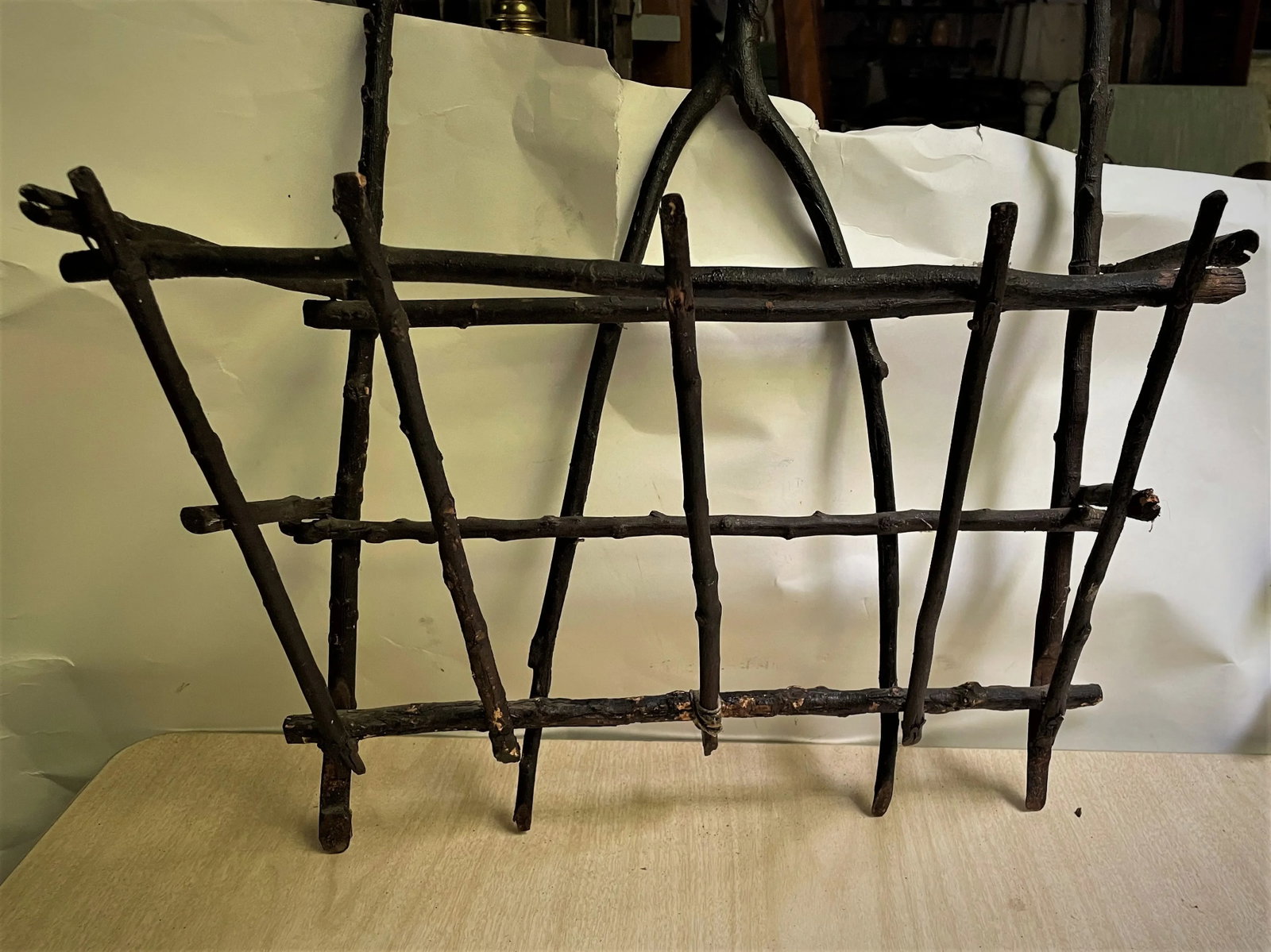 Early 20th Century Adirondack Folk Art Wishbone Twig Wall Mount Holder Basket Handmade Artisan - 3
