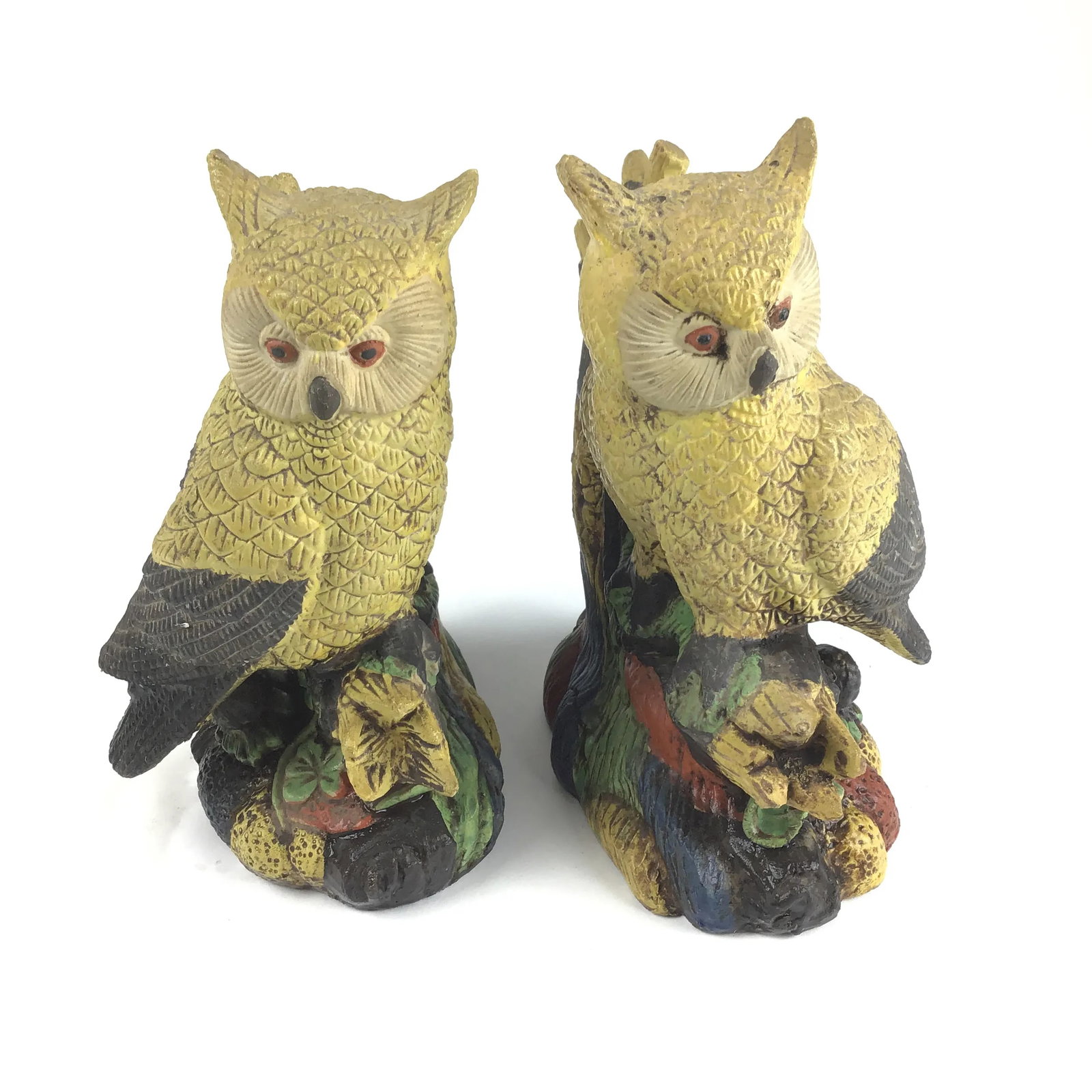 1950s Yellow Painted Mid Century Clay Owls - a Pair - 3