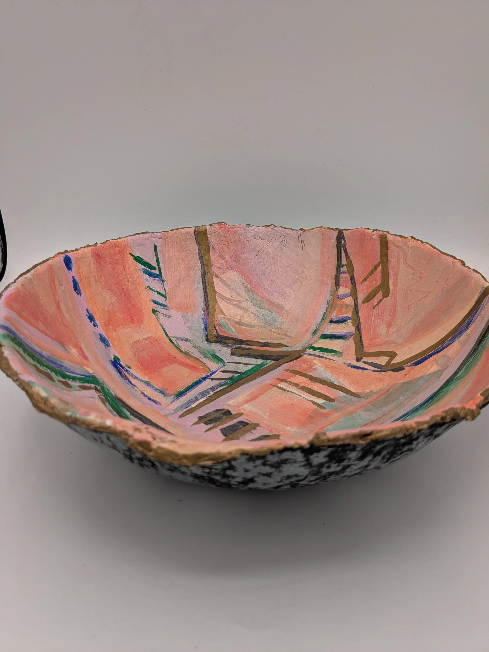 Abstract Papier-Mache Art Bowl 1/1 Signed "E B" 1990s Hand-Painted Pastel - 2