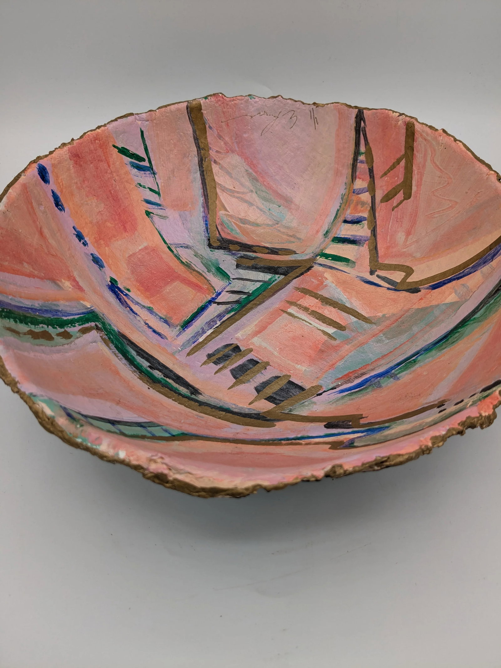 Abstract Papier-Mache Art Bowl 1/1 Signed "E B" 1990s Hand-Painted Pastel - 3