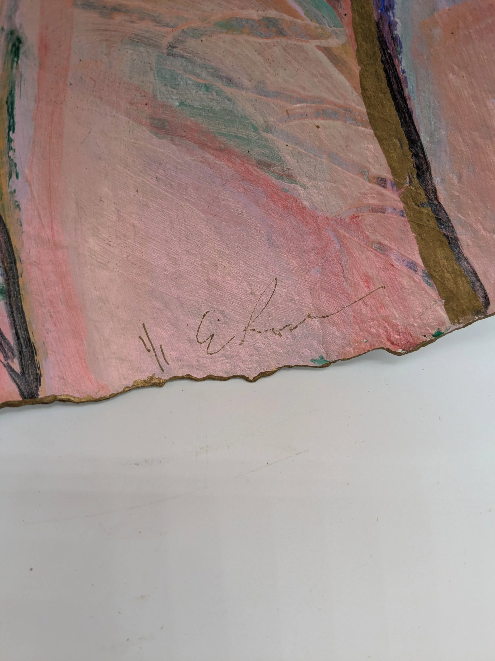 Abstract Papier-Mache Art Bowl 1/1 Signed "E B" 1990s Hand-Painted Pastel - 4