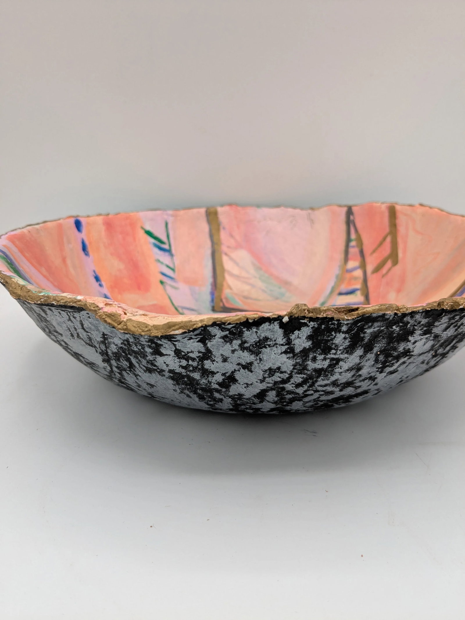 Abstract Papier-Mache Art Bowl 1/1 Signed "E B" 1990s Hand-Painted Pastel - 7