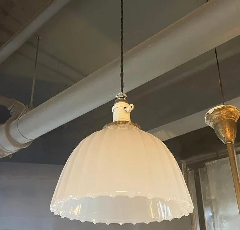 Antique Early 20th Century Scalloped Milk Glass Dome Pendant Light - 2