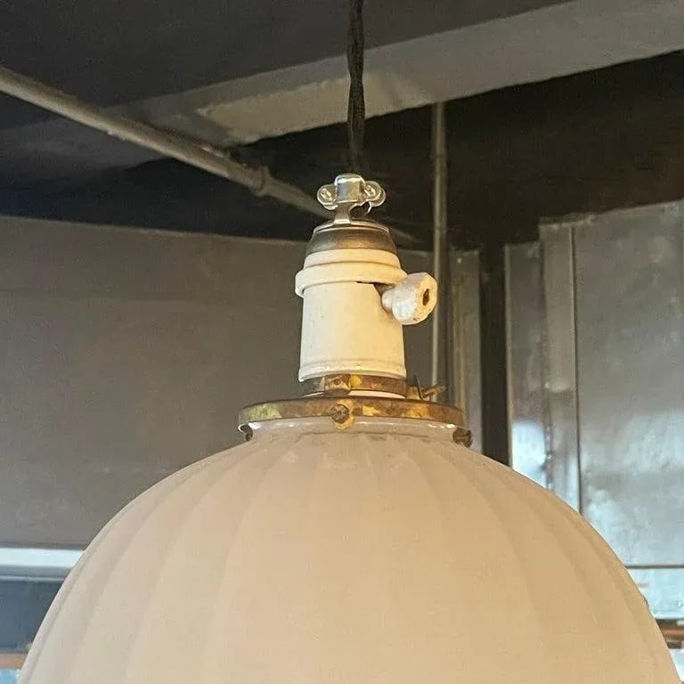 Antique Early 20th Century Scalloped Milk Glass Dome Pendant Light - 5