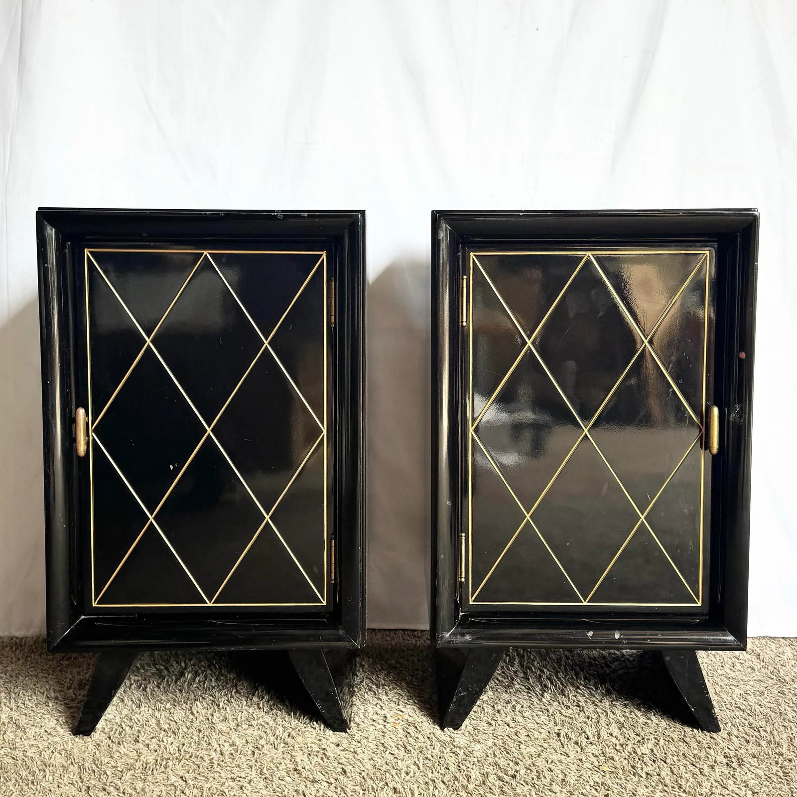 Art Deco Black Lacquered and Gold Nighstands With Brass Hardware - A Pair - 2