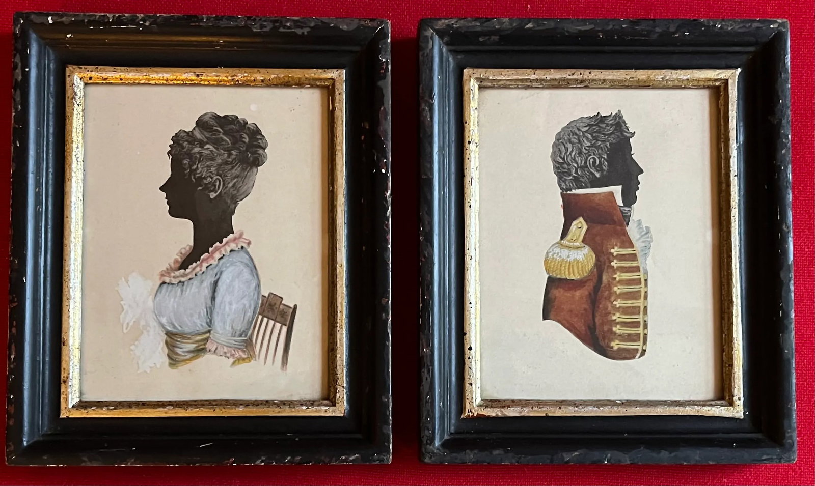 Antique 19th Century English Regency Silhouette Prints of a Soldier and His Wife - A Pair - 2