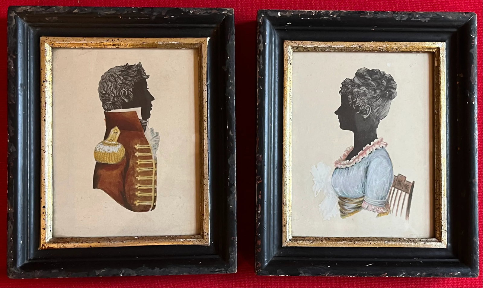 Antique 19th Century English Regency Silhouette Prints of a Soldier and His Wife - A Pair - 5