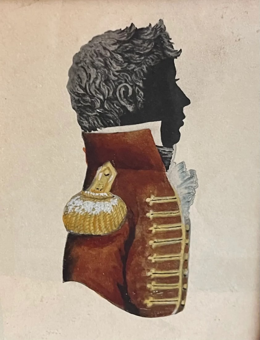 Antique 19th Century English Regency Silhouette Prints of a Soldier and His Wife - A Pair - 7