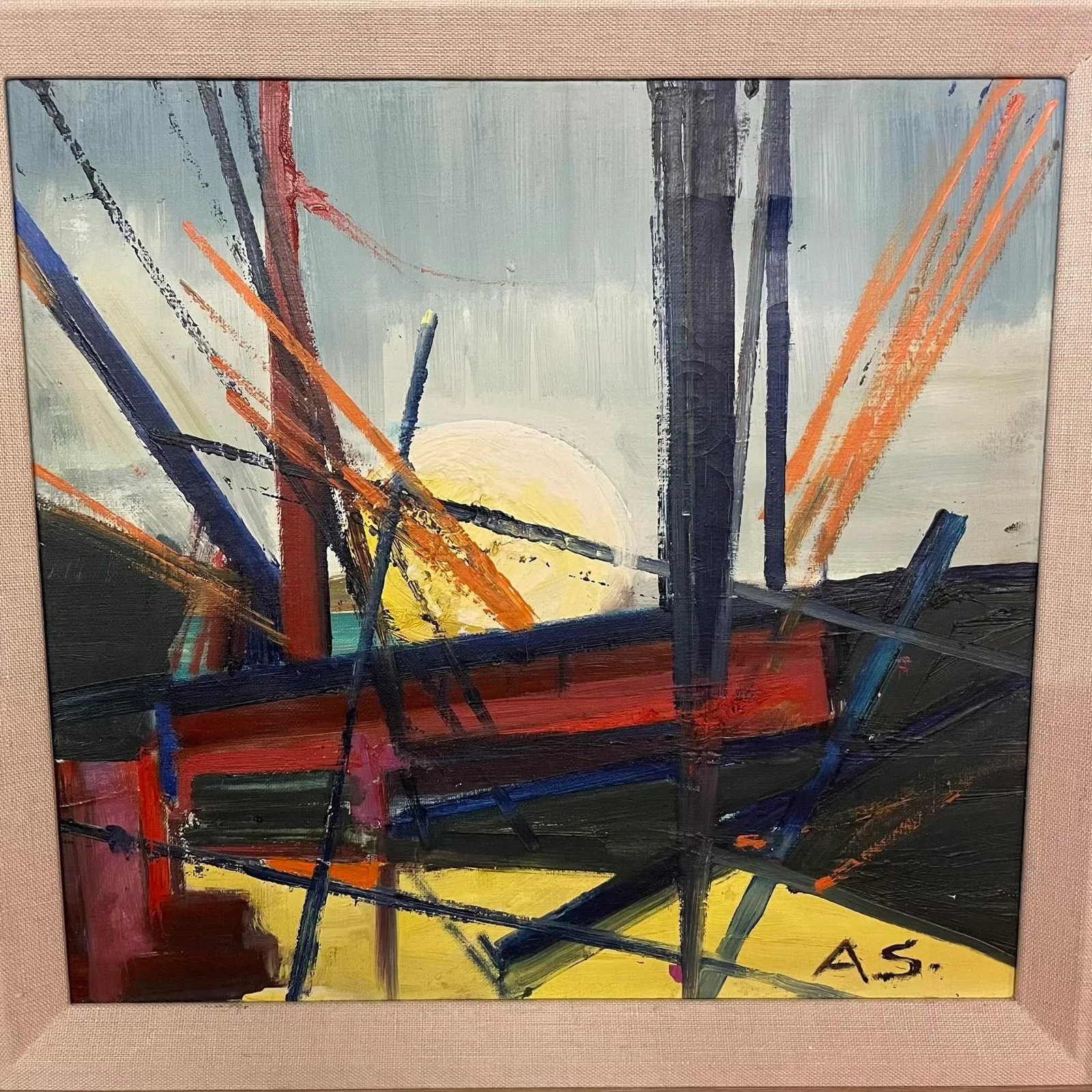 Albert E. Smith 1976 Abstract Oil Painting on Canvas Titled Sunset I - Framed - 2