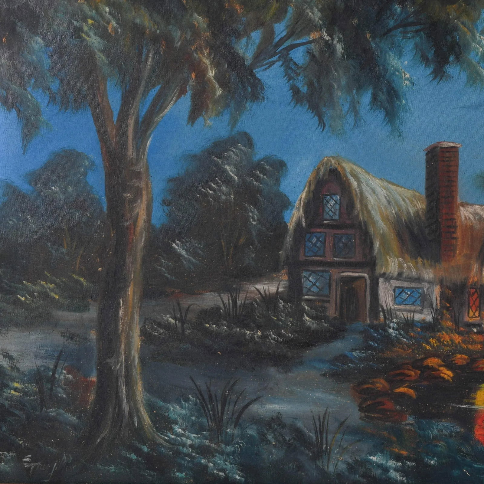 Antique Framed Signed Lonely Cottage Oil on Canvas - 3
