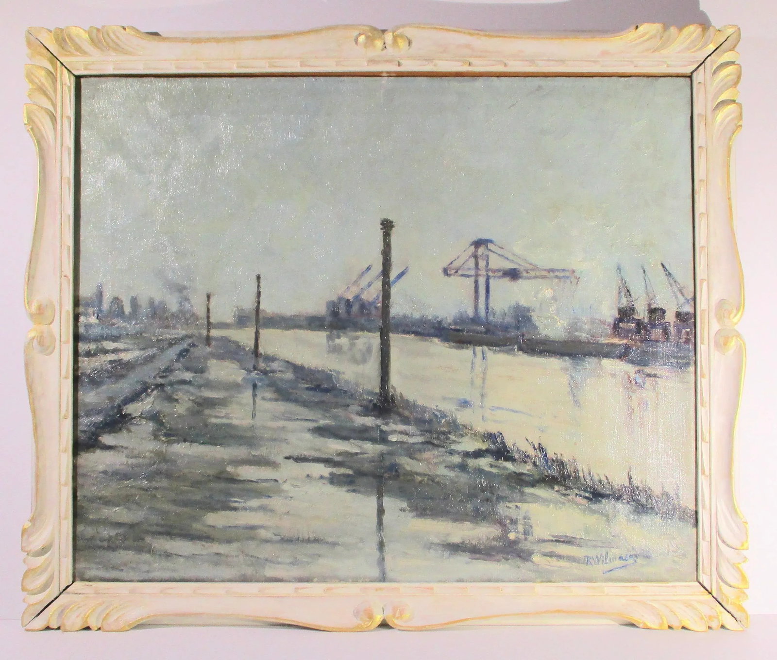Vintage Mid-Century Impressionist Painting Harbor View - 2