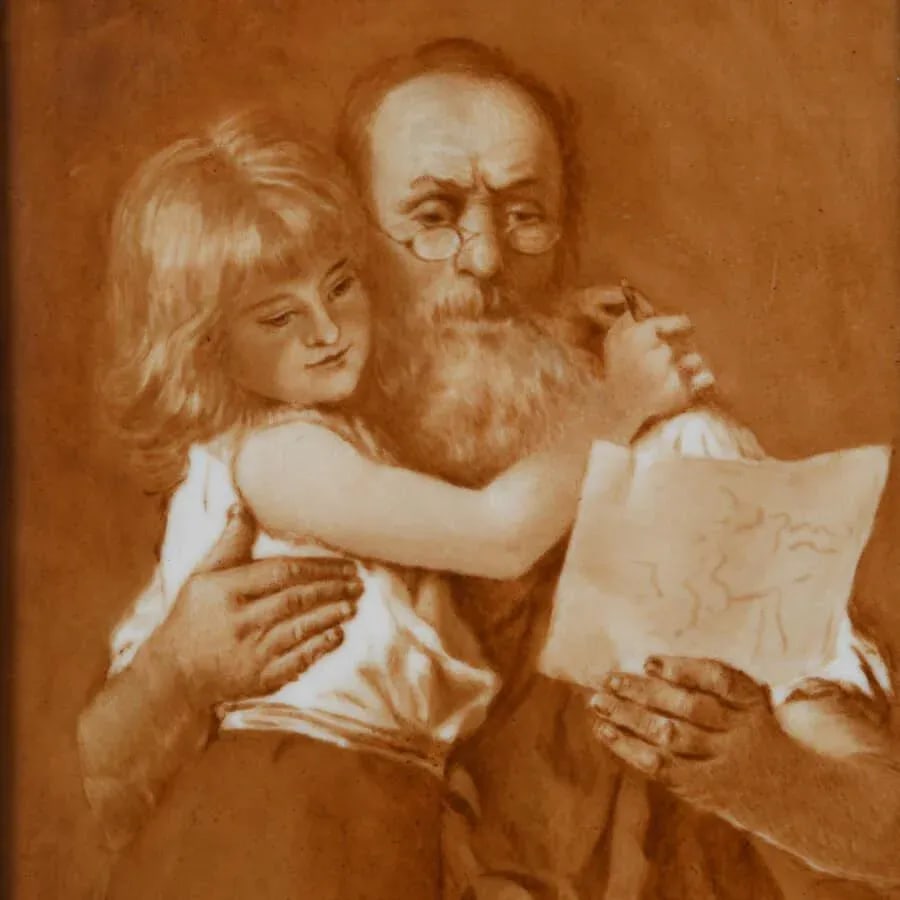 Antique Painting on a Porcelain Plaque of a Man and Child - 2