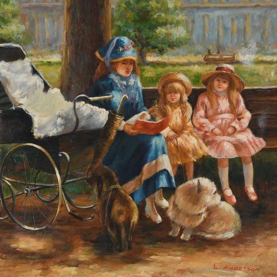 Oil on Canvas of a Mother and Her Children at a Park - 2