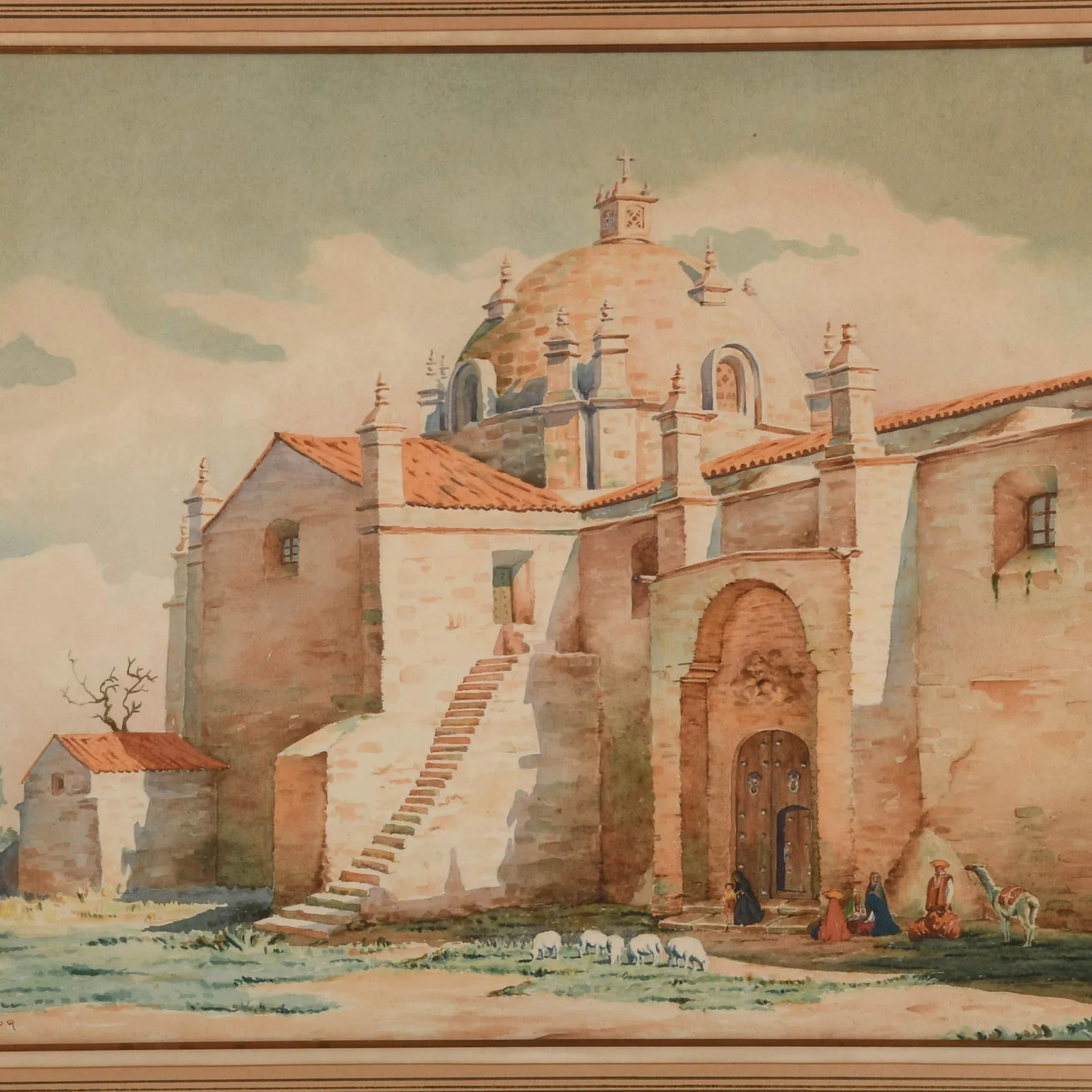 Framed Signed A. Velandoa Peruvian Church Watercolor Painting - 2