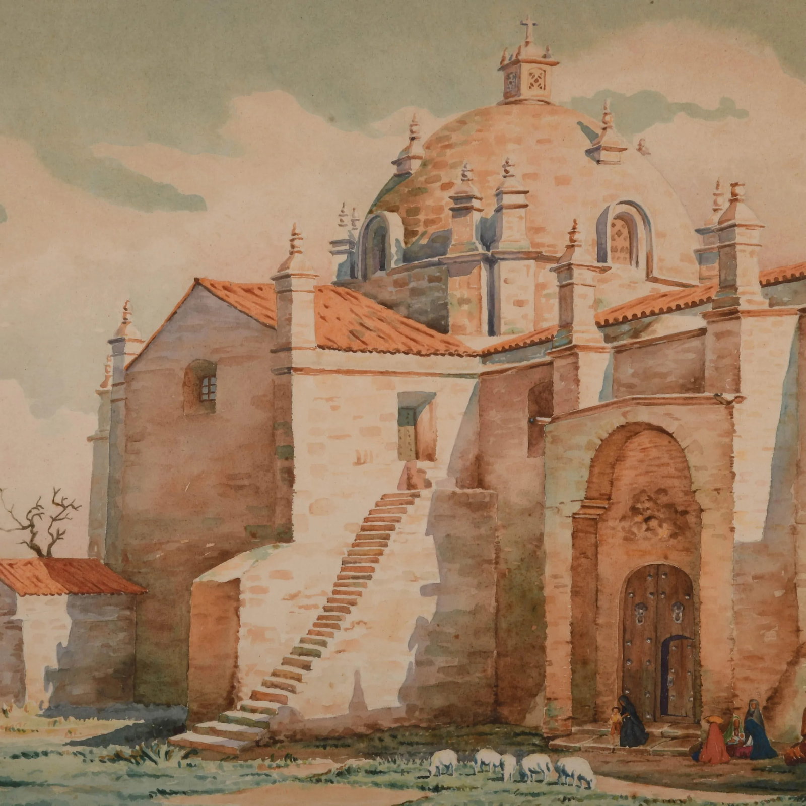 Framed Signed A. Velandoa Peruvian Church Watercolor Painting - 3