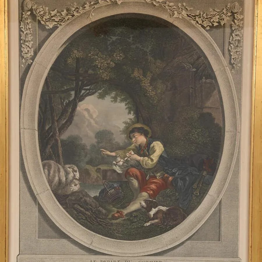 Antique Framed Engraving of "Le Depart Courier" After Francois Boucher - 2