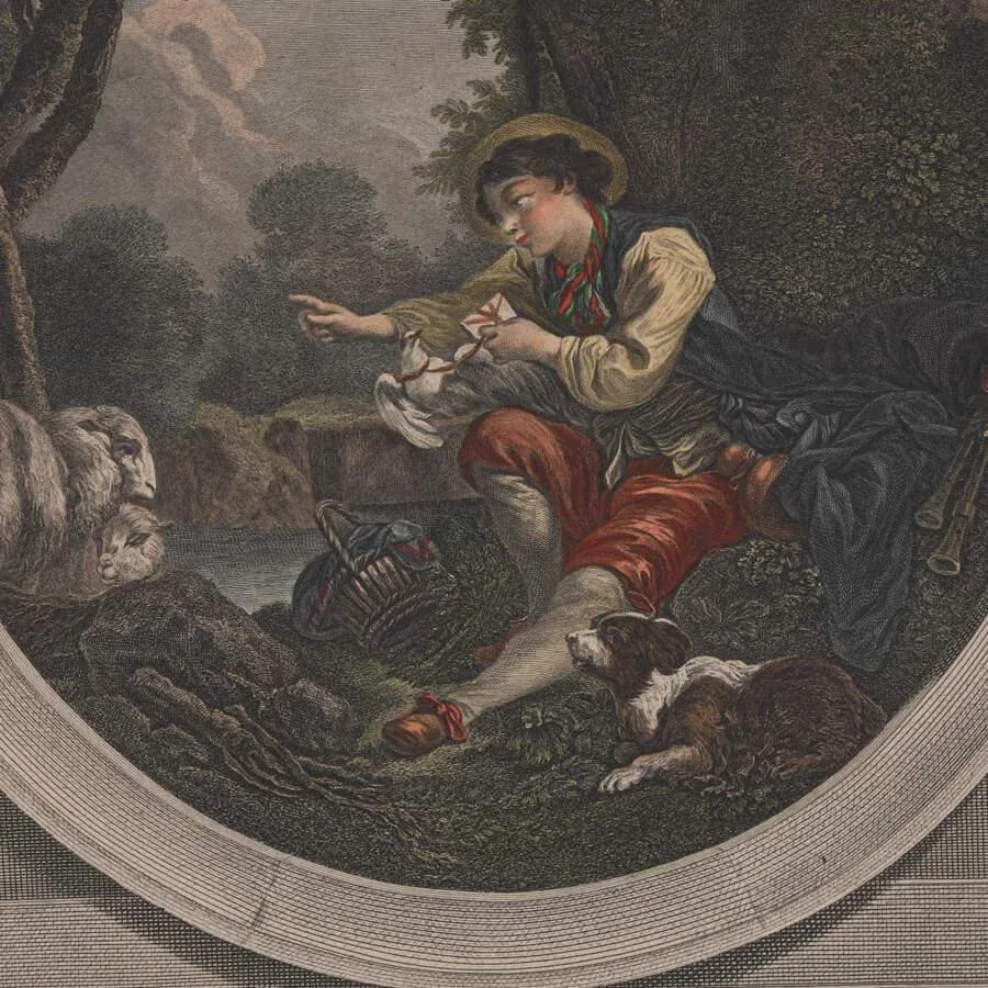 Antique Framed Engraving of "Le Depart Courier" After Francois Boucher - 3