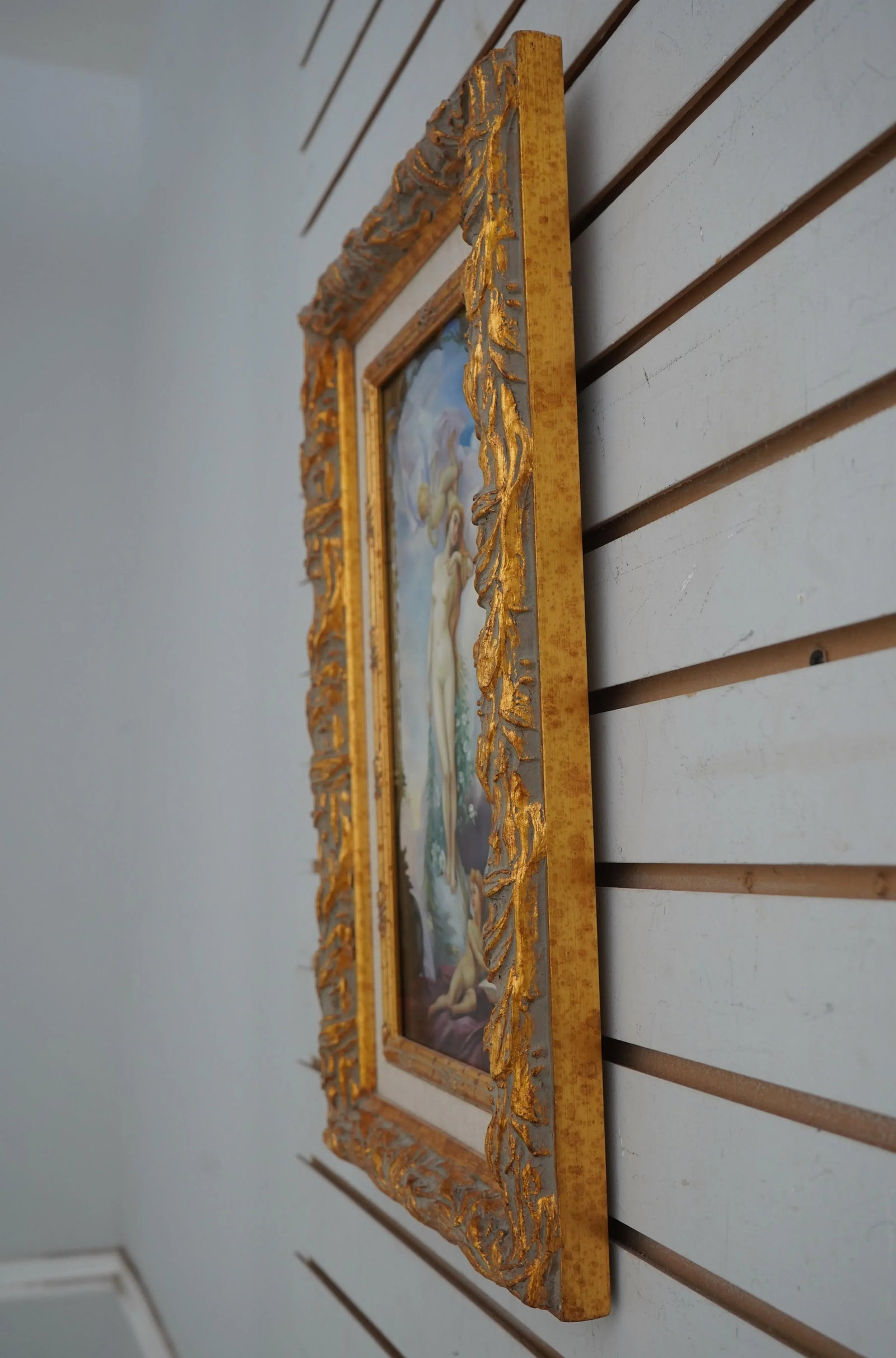 Ornate Gilt Frame Oil on Board Angel Painting - 2