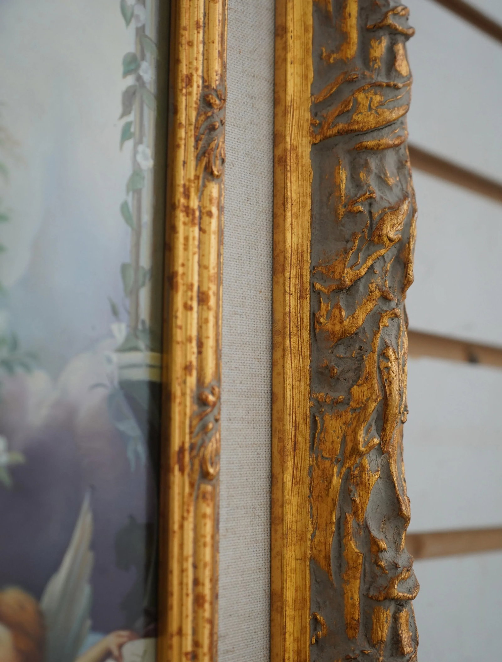 Ornate Gilt Frame Oil on Board Angel Painting - 3
