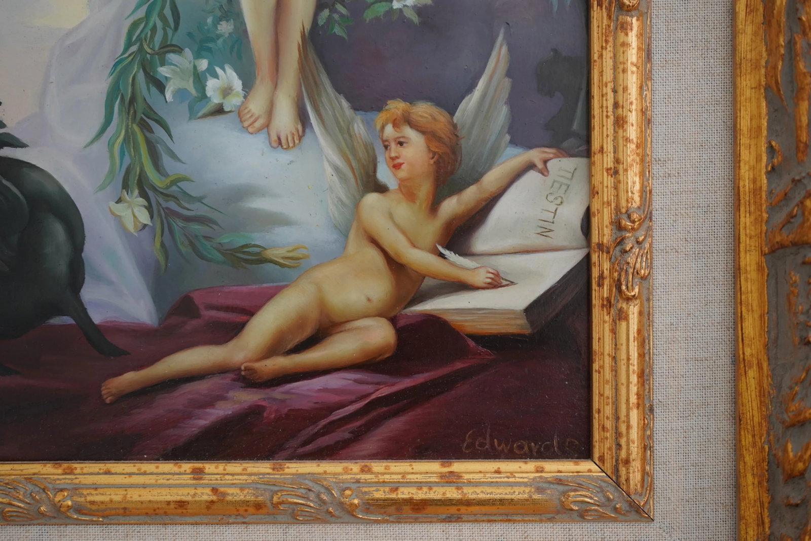 Ornate Gilt Frame Oil on Board Angel Painting - 4