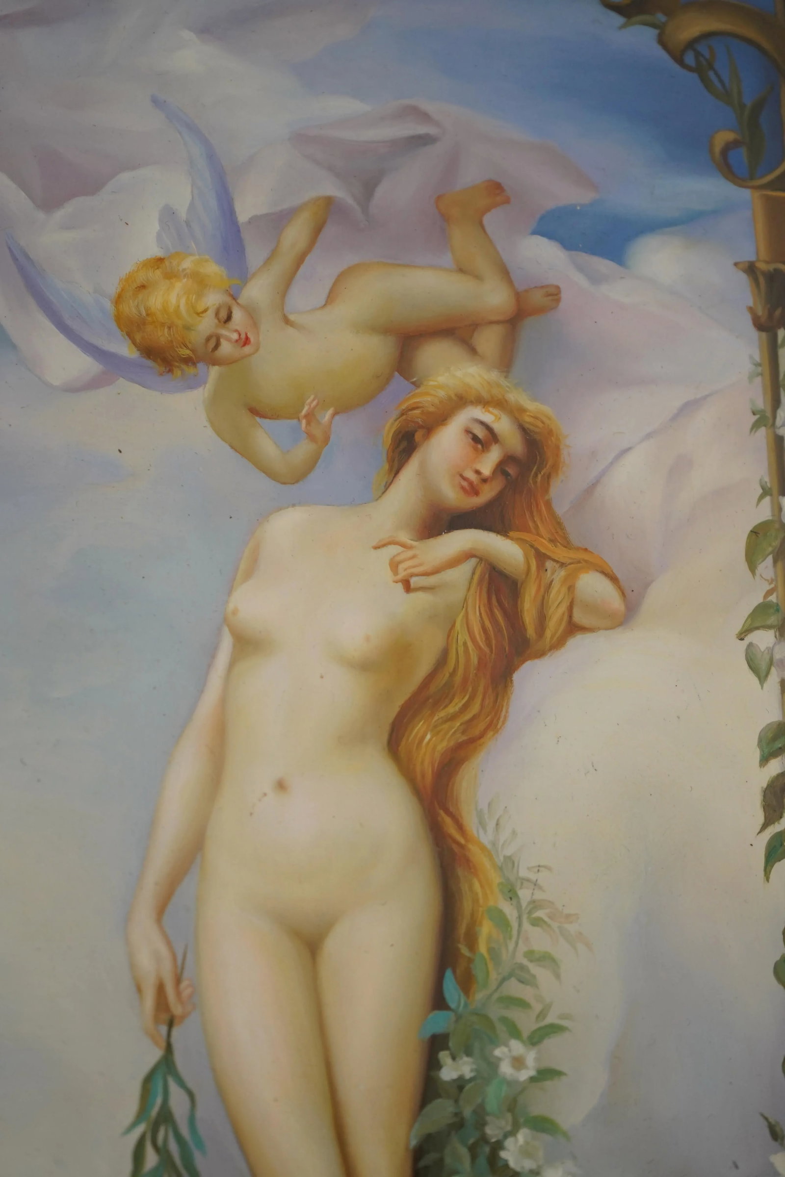 Ornate Gilt Frame Oil on Board Angel Painting - 7