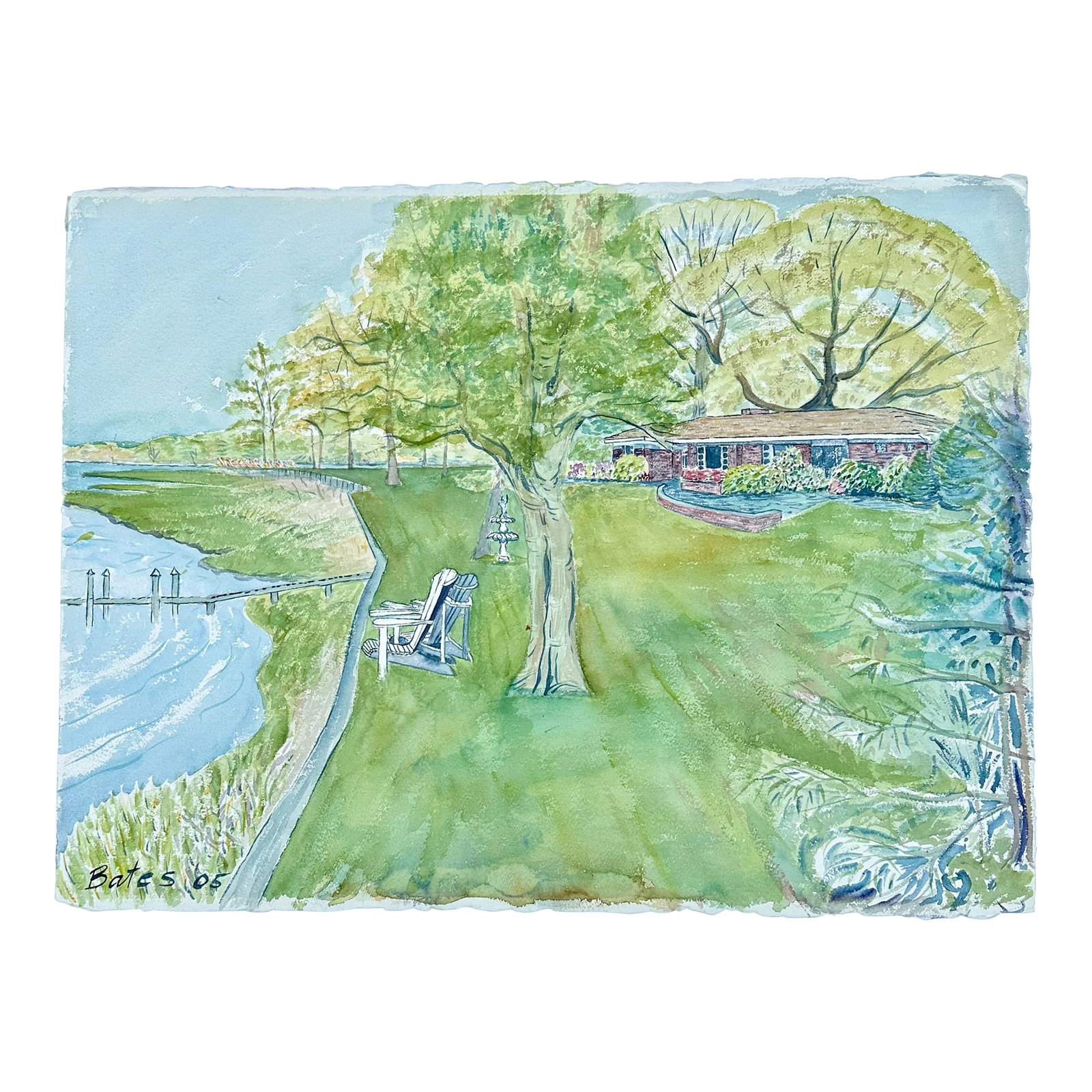 Naturalistic Watercolor Home on Water Scene With Dock by Susan Bates: Naturalistic watercolor on thick cotton paper with deckled edges by artist Susan Bates, 2005. This watercolor depicts a tranquil scene of a house by the water. Dimensions: 22.5 x 30" Please note: If