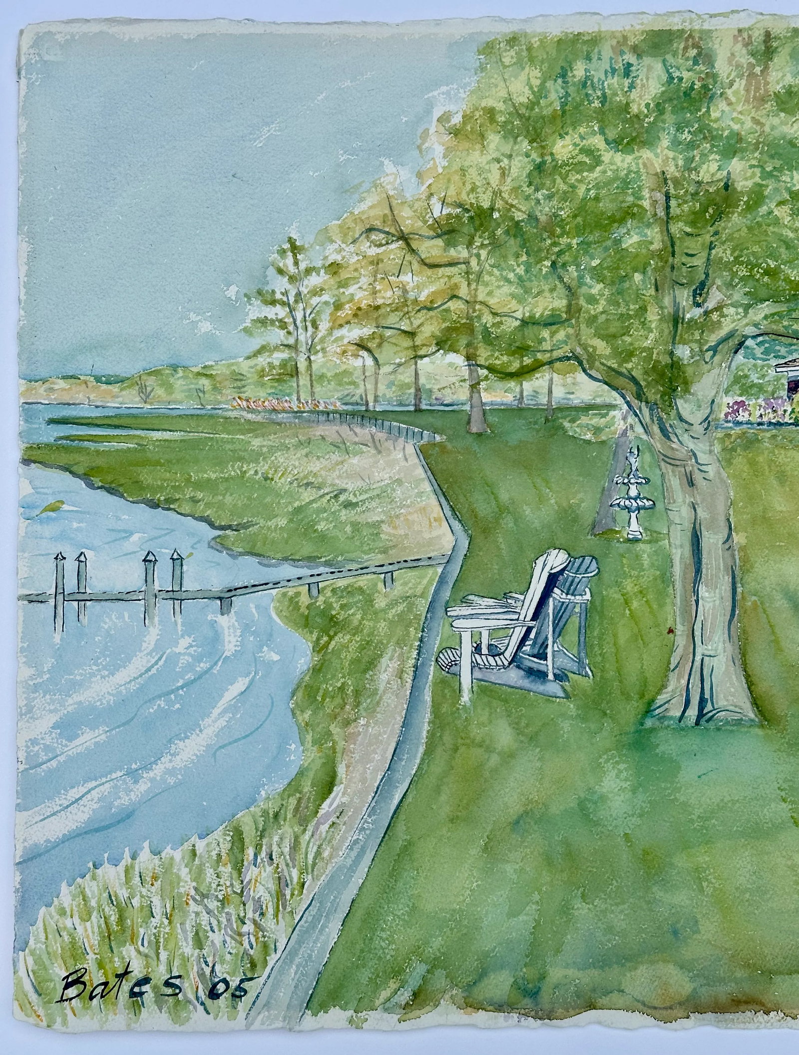 Naturalistic Watercolor Home on Water Scene With Dock by Susan Bates - 4