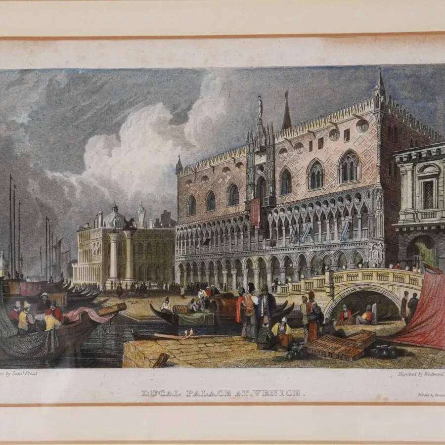 Early 20th Century Antique Framed Hand-Colored Engraving "Ducal Palace" by Westwood - 3