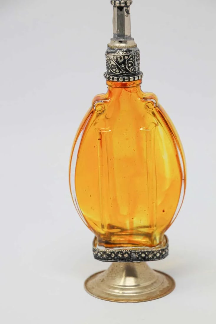 Moroccan Amber Footed Glass Perfume Bottle Sprinkler With Embossed Metal Overlay - 2
