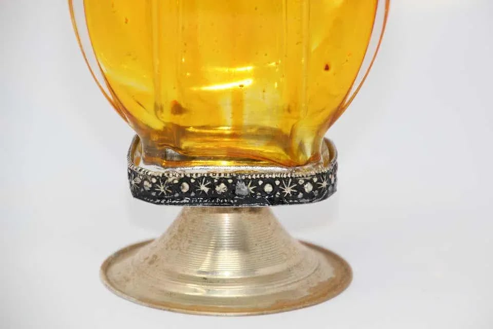 Moroccan Amber Footed Glass Perfume Bottle Sprinkler With Embossed Metal Overlay - 3