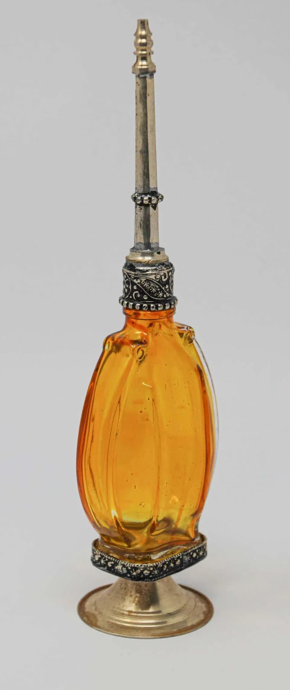 Moroccan Amber Footed Glass Perfume Bottle Sprinkler With Embossed Metal Overlay - 4