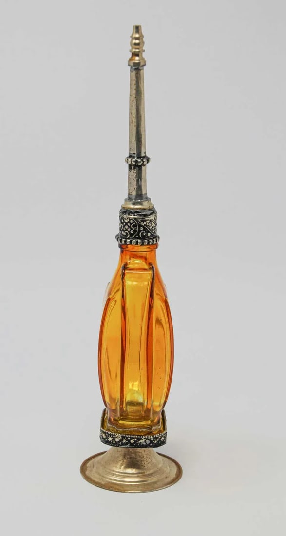 Moroccan Amber Footed Glass Perfume Bottle Sprinkler With Embossed Metal Overlay - 5