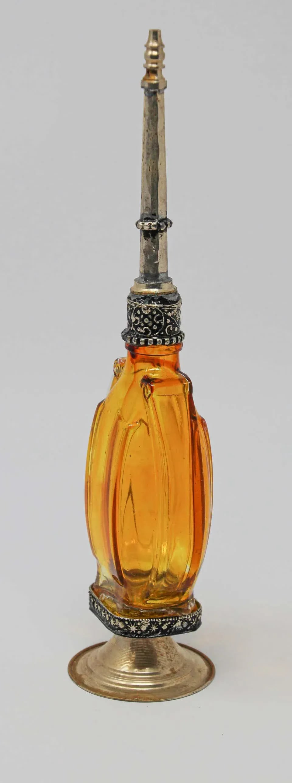 Moroccan Amber Footed Glass Perfume Bottle Sprinkler With Embossed Metal Overlay - 6