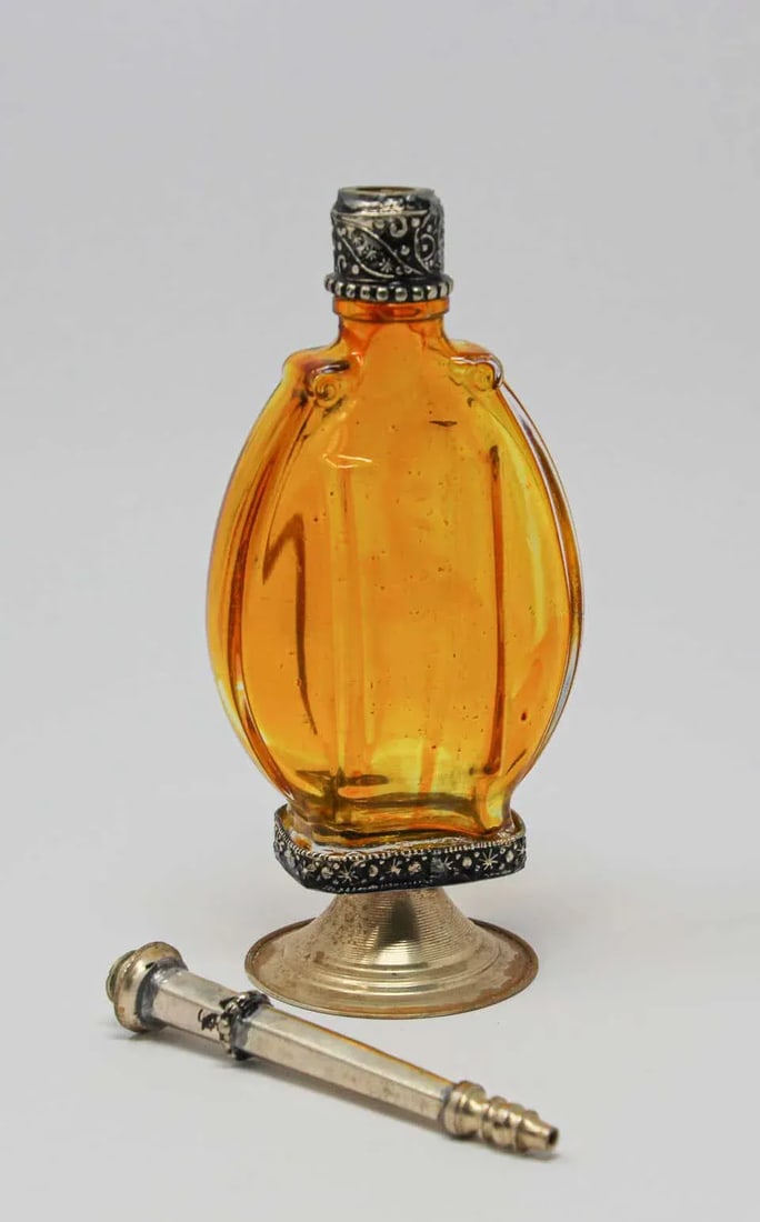 Moroccan Amber Footed Glass Perfume Bottle Sprinkler With Embossed Metal Overlay - 7